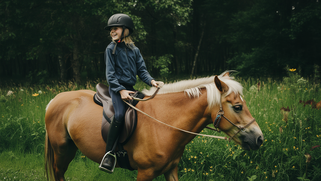 Mädchen reiten auf einem Pferd durch den Wald